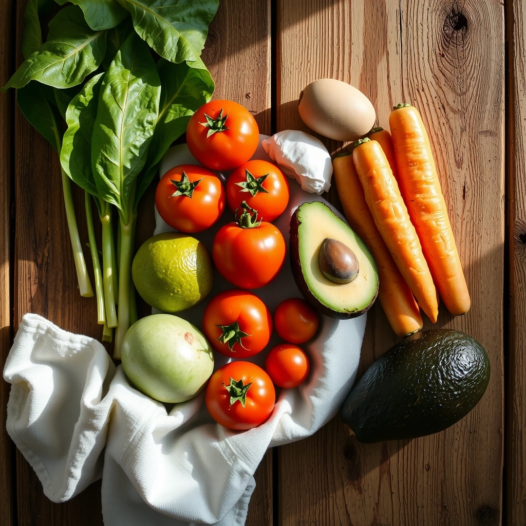 Buntes arrangement von frischem Gemüse und Obst